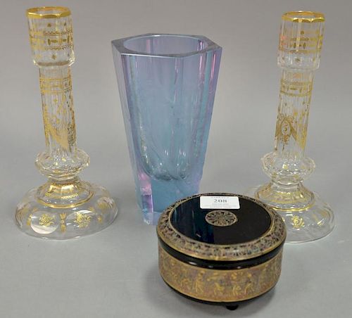Four crystal pieces to include Moser etched glass vase light blue with etched wooded landscape (chips on base), Moser Karlsba
