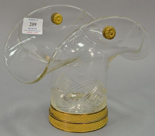 French bronze and crystal flower basket having etched crystal basket with heavy gilt bronze base. ht. 7 1/4in., wd. 9in.