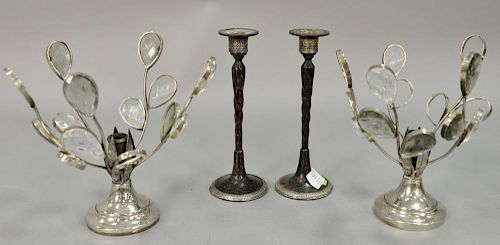 Four candlesticks including pair of Bottega Veneta silver and crystal candle holders (ht. 8 1/2in.) and pair of horn and ster