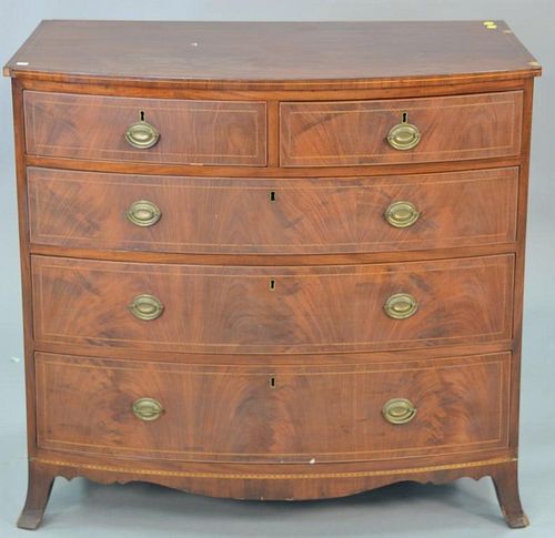 Federal mahogany two over three drawer bow front chest, mahogany with line inlays (veneer chips). ht. 36in., wd. 39in., dp. 2