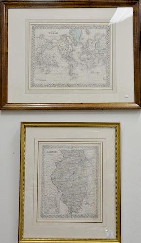 Six framed maps including J.H. Colton Illinois, Augustus Mitchell 1877 World on the Mercator Projection, State of Illinois by