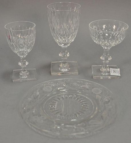Thirty-two pieces of Hawkes crystal to include a set of 15 Hawkes etched crystal luncheon plates etched with fruit, apple, pe