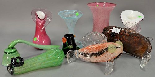 Group of nine Murano art glass pieces to include two multi-color fish, zucchini, green and blue stemmed flower, blue tulip fo