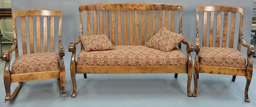Three piece flamed birch set with settee, rocker, and armchair. settee lg. 54in.