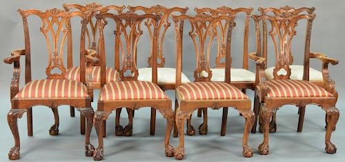 Set of eight Chippendale style mahogany dining chairs with ball and claw feet.
