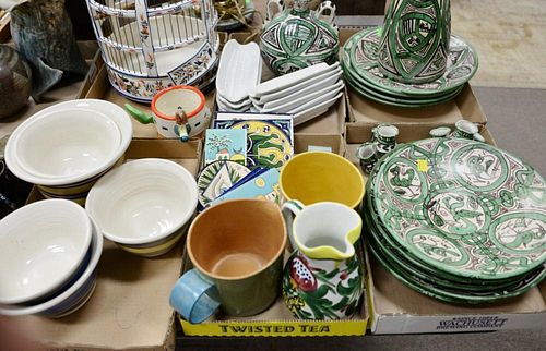 Six box lots including eleven corn holders, two pitchers signed Punter, set of nine pottery plates signed Punter, pair of vas