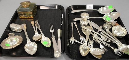 Two tray lots of sterling silver flatware and serving pieces along with silverplated items and an Art Nouveau inkwell (missin