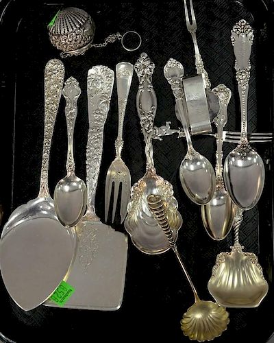 Group of sterling flatware, serving pieces, tea balls, etc to include Tiffany & Co. grape design serving piece. 18.4 t oz.