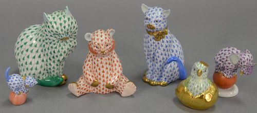 Group of six Herend Fishnet figurines to include sitting cat "Blue" gold bow tie, green sitting cat, cat on ball, sitting bea