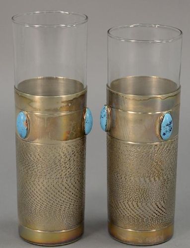 Set of twelve silver cup liners with turquoise enameled oval stones. ht. 7 1/2in.