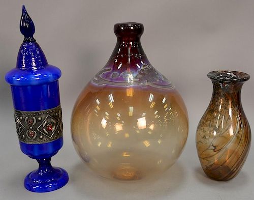 Three art glass pieces to include James Clarke art glass brown/white vase signed James Clarke Studio 1979 on bottom, J. Prem 