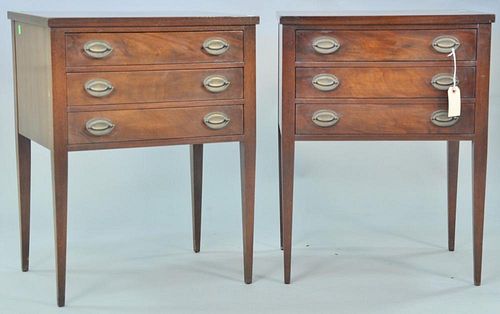 Pair of mahogany three drawer stands signed Grand Rapids 1939. ht. 26in., top: 16" x 20"