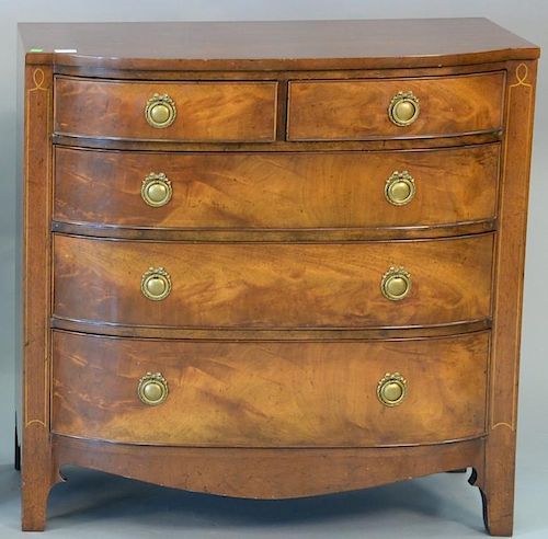 Signed mahogany bow front chest with burlwood front signed Sahon Traditional Furniture, N.Y.. ht. 36in., wd. 36in., dp. 20 1/