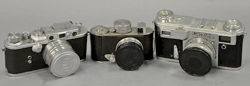 Three piece Camera group lot to include Kiev cccp (6905553) with 50/2 (6918462), Tower 3S (50001) with Nikkor S-C 5cm/1.4 (32