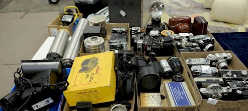 Six box lots: Camera and darkroom equipment lot to include miscellaneous cameras by Exakta, Nikoros, Graphic 35(2), Falcon, M