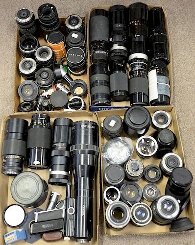 Four box lots: Camera lenses including Soligor, Tamron, Pentax K, Canon, Nikkor, Samigon, Vivitar, Rokunar Sigma, Promaster, 