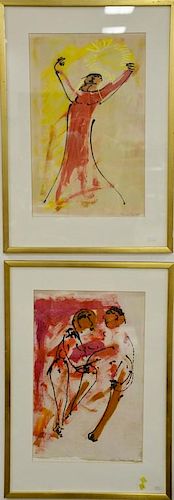 Five Yanni Posnakoff (1933) pieces including three figural abstraction watercolors signed lower right Yanni Posnakoff and two