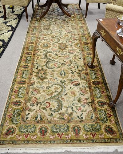 Oriental carpet runner, green and tan. 4' x 12'