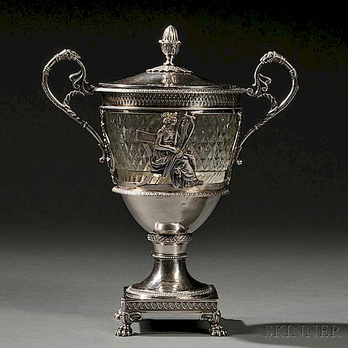 French Empire .950 Silver and Glass Covered Urn