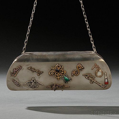 Russian .875 Silver Purse with Gold and Enamel Applied Decoration