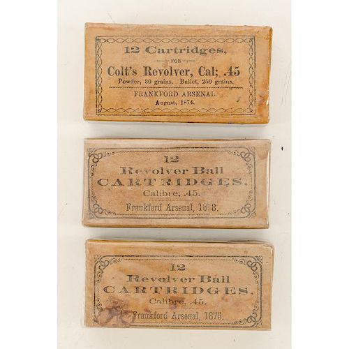 Three Boxes of Colt .45 Revolver Cartridges Made at the Frankford Arsenal