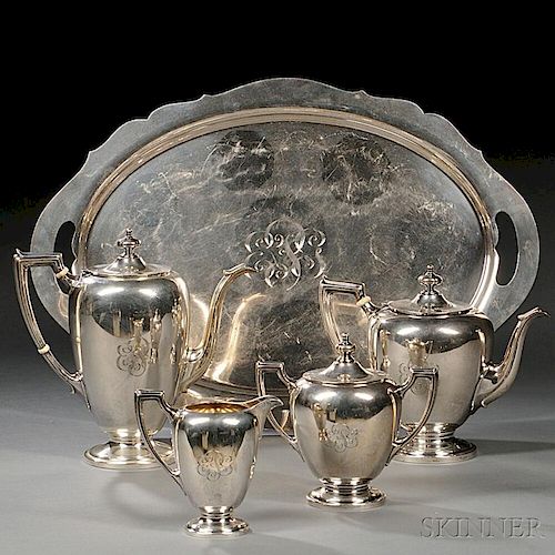 Four-piece Sterling Silver Tea and Coffee Service with an Associated Tray