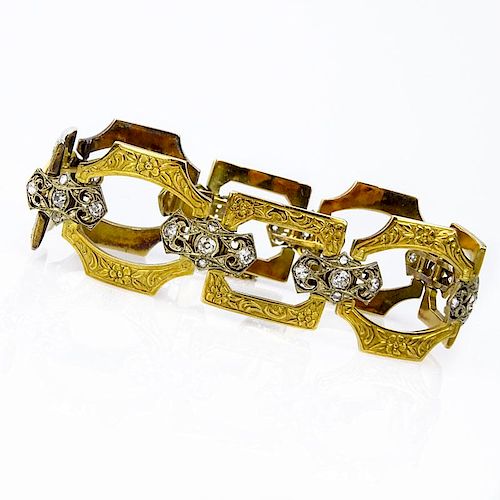 Antique Russian 14 Karat Yellow Gold and Old European Cut Diamond Open Link Bracelet.