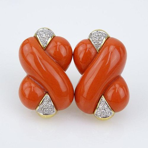 Vintage Italian 18 Karat Yellow Gold, Carved Red Coral and Pave Set Diamond Knot style Earrings.