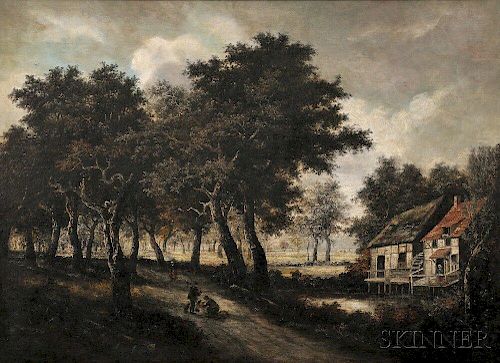 Manner of Meindert Hobbema (Dutch, 1638-1709)      Landscape with Two Hunters Pausing on Path Near a Small Watermill