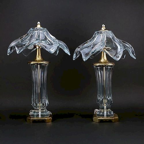 Pair of Mid Century Murano Venini Glass and Brass Lamps. Faceted glass vase with swirl form shade.