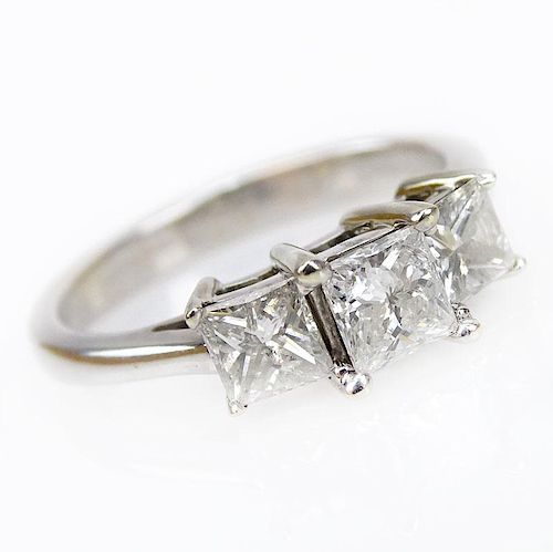 Vintage Approx. 1.0 Carat TW Princess Cut Diamond and 14 Karat White Gold Three Stone Engagement Ring.
