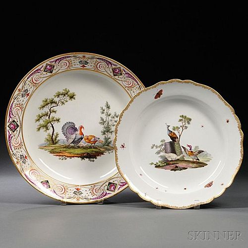 Two Meissen Circular Porcelain Platters Decorated with Birds