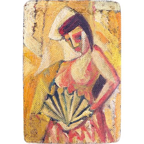 Early 20th Century Cubist School Oil On Canvas Laid Down On Board "Nude With Fan".