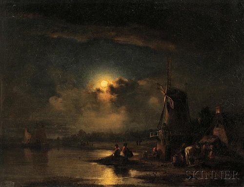 Attributed to John Crome, called Old Crome (British, 1768-1821)      Fishermen Pulling Nets by Moonlight