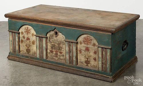 Lancaster, Pennsylvania painted pine dower chest, dated 1766, with an architectural façade adorned
