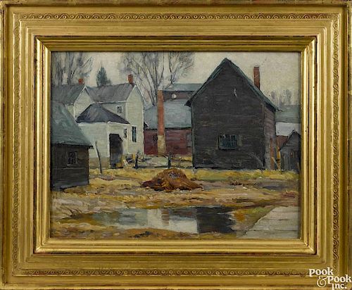 John Fabian Carlson (American 1874-1945), oil on board, titled Woodstock Barnyard Estate, stampe