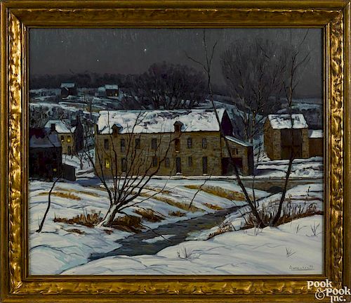 Andrew Woehrel (American b. 1958), oil on board, titled Spring Valley Mill, signed lower right,