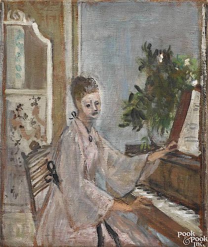 Franklin Chenault Watkins (American 1894-1972), oil on canvas of a woman playing the piano, 12'' x