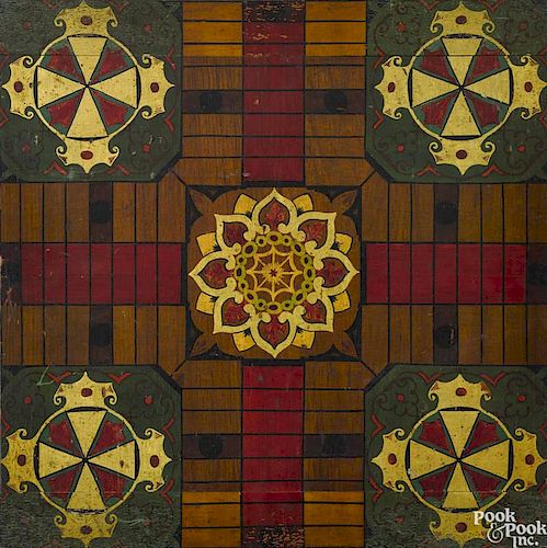 Painted Parcheesi gameboard, late 19th c., 18'' x 18''.