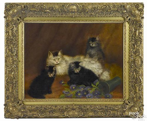 Ben Austrian (American 1870-1921), oil on canvas of cats with a spilled vase of flowers, signed lo