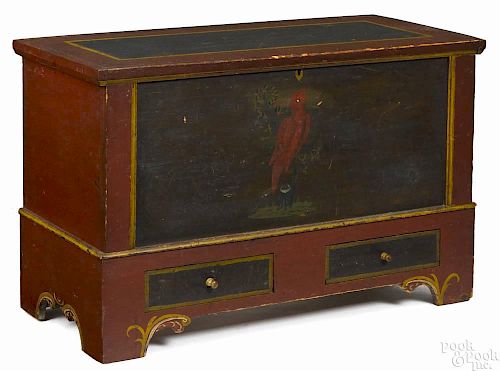 Pennsylvania or New York painted pine dower chest, early 19th c., decorated with an exotic red bir