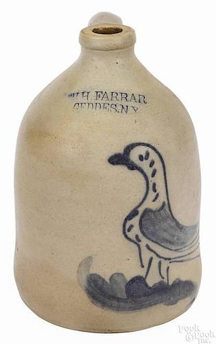 New York stoneware jug, 19th c., impressed W. H. Farrar Geddes, NY, with cobalt bird decoration,