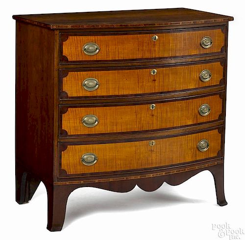 New England Hepplewhite cherry and tiger maple bowfront chest of drawers, ca. 1800, 38'' h., 38 1/2