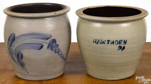 Two Pennsylvania stoneware crocks, 19th c., with cobalt decoration, one stenciled Hawthorn PA, 7