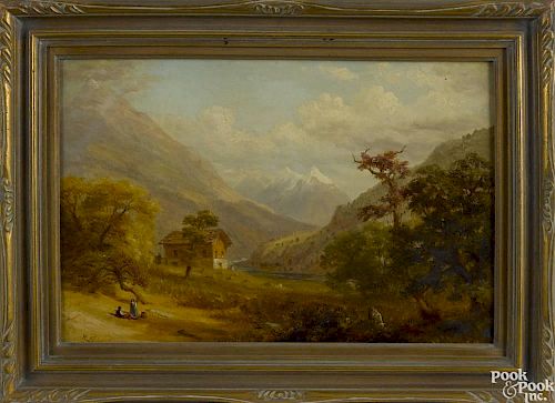 Russell Smith (American 1812-1896), oil on canvas mountain landscape with a cottage, initialed low