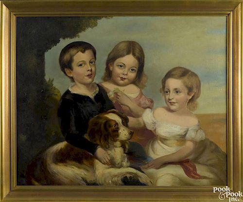 John L. Harding (American, mid 19th c.), oil on canvas portrait of three children and a dog, trans
