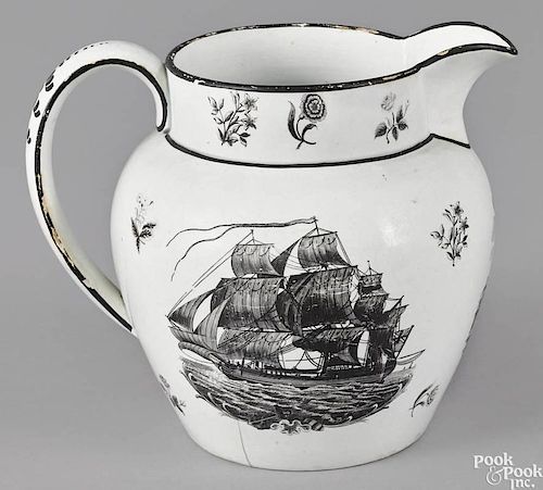 English pearlware pitcher, ca. 1800, decorated with a frigate and an American eagle, 7 1/4'' h.