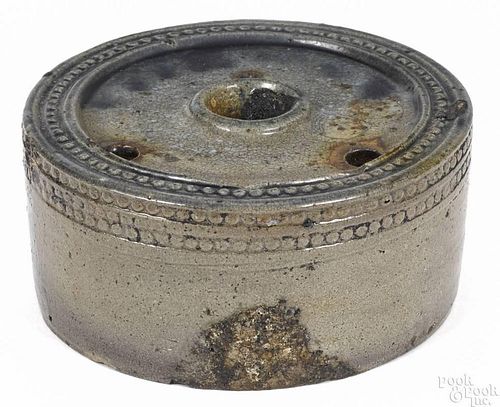 Stoneware inkwell, 19th c., Pennsylvania or New York, with cobalt splashes and a beaded rim, 2'' h.