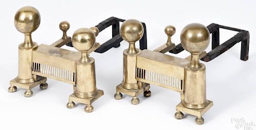 Pair of Boston Federal brass ball top andirons, ca. 1815, 12 1/4'' h.