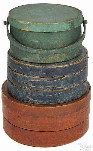 Three painted bentwood pantry boxes, 19th c., retaining early red, blue, and green surfaces, stack
